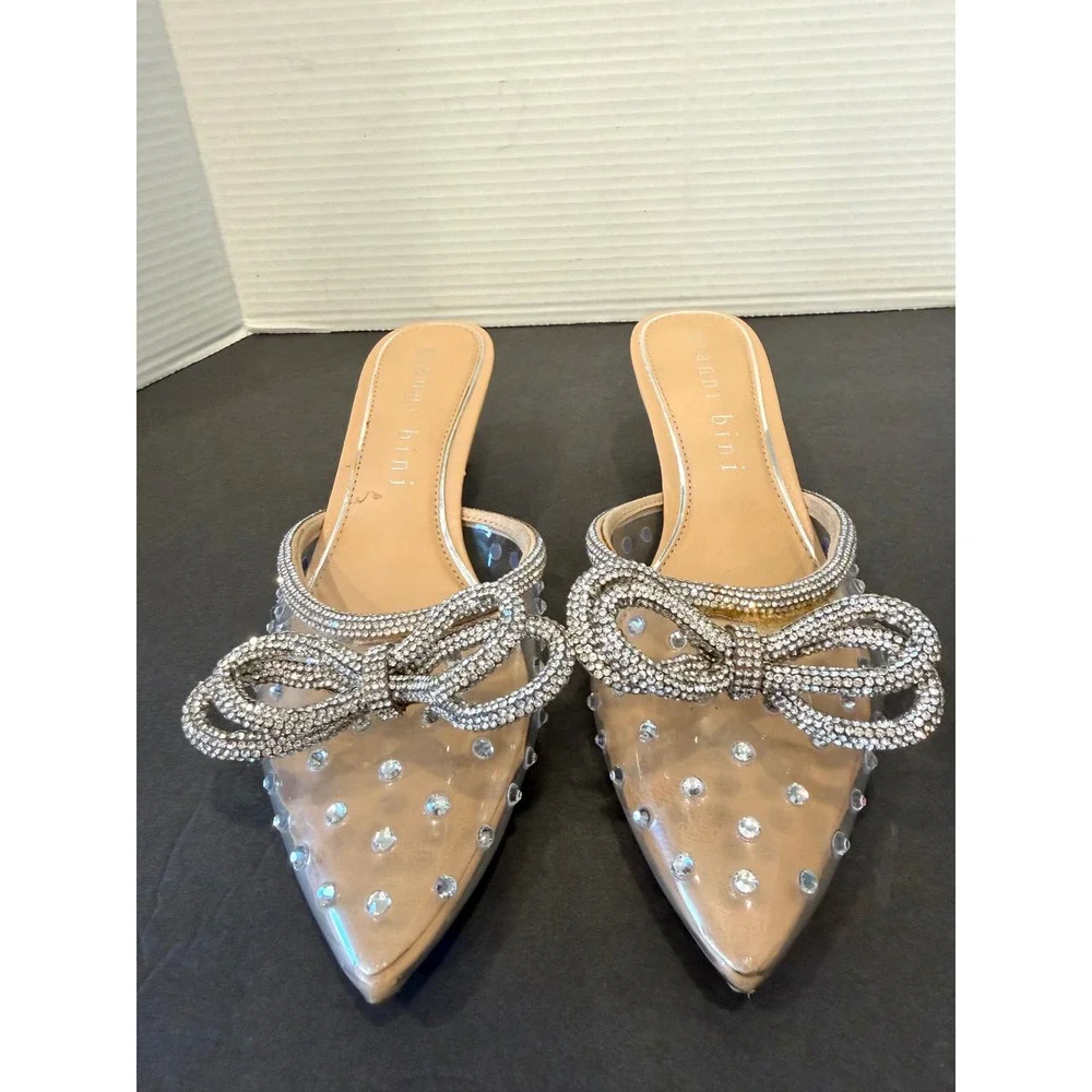 NWT Gianni Bini Clear Rhinestone Studded Bow Pointed Toe Kitten Heel Mules Sz 8 - Picture 4 of 9